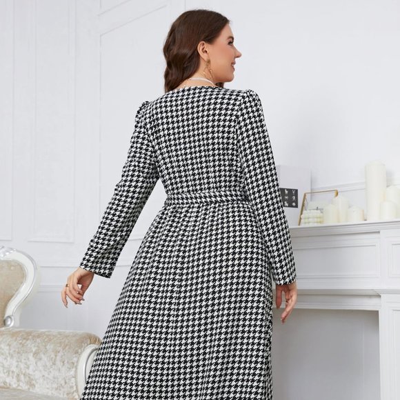 Melo Apparel Plus Size Notched Neck Houndstooth Tie Belt Maxi Dress - Picture 5 of 7
